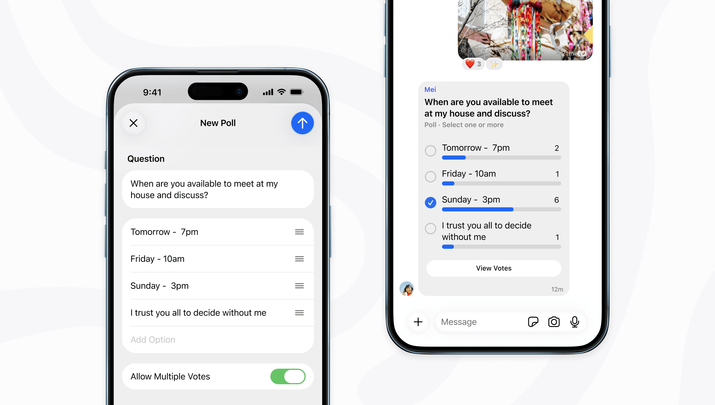Side-by-side screenshots of a new Signal poll being created on the left, and the same poll appearing in a group chat on the right.