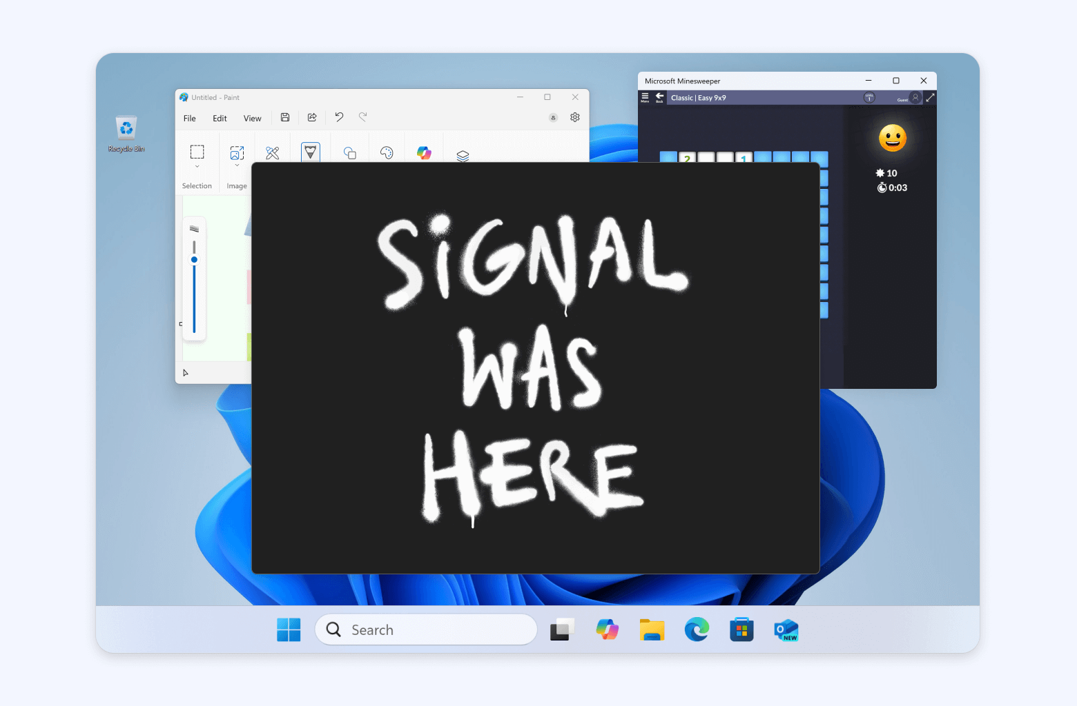 A screenshot of a Microsoft Windows desktop. Microsoft Paint and Minesweeper are visible behind a black rectangular window that is empty except for graffiti-style text that says "SIGNAL WAS HERE".